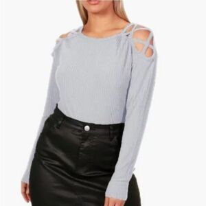 Boohoo Cross-Shoulder Ribbed Sweater – Gray 12